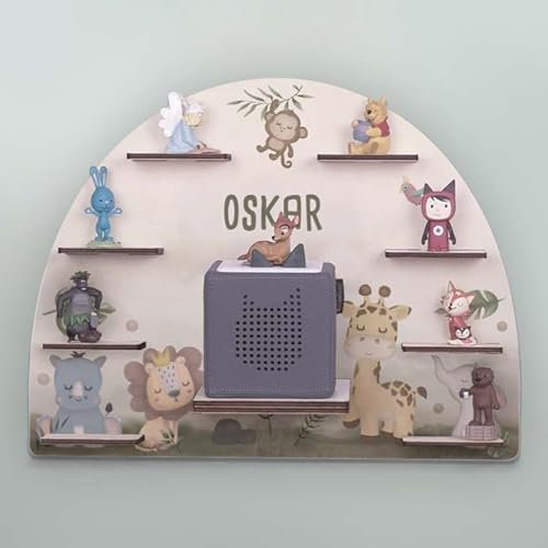 hellomini Tonie Regal Mädchen mit Wunschnamen - Personalisiertes Toniebox Regal fürs Kinderzimmer - Regal Tonie Figuren Mädchen - Toniebox Aufbewahrung (Safari Druck)