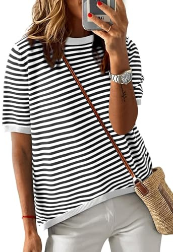 Cuptacc Maglietta Donna Oversize a Righe, Top Estate con Collo Tondo e Manica Corta, Blusa Larga in Cotone, Beige, Taglia S 34-36