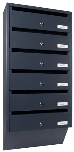 Profirst Maildrop 6 Système de boîte aux lettres en acier anthracite, serrure à cylindre avec 2 clés pour 6 parties, porte-badge, matériel de montage inclus
