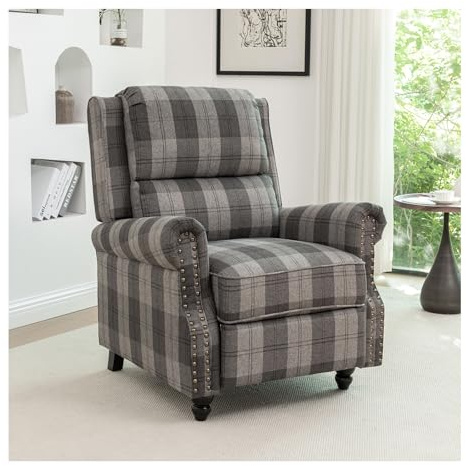 INMOZATA Wingback Tartan Recliner Chair Linen Recliner Armchair Pushback Fireside Chair with Wooden Legs for Living Room, Bedroom, Home Office(Grey)
