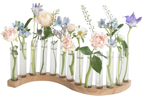 Test Tube Vases for Flowers，Small Plant Propagation Station，S Shape Plant Terrarium with Wooden Stand (Solid Beech)
