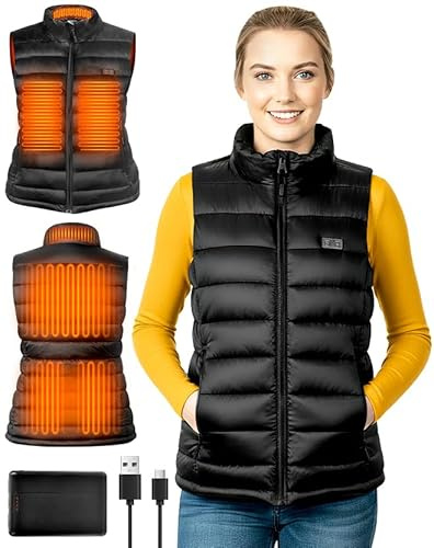 Onherm Chaleco Calefactable Mujer con Batería de 10000mAh, Chaleco Calefactable con 6 Zonas de Calefacción, Chaleco Térmico con 3 Niveles de Temperatura(45℃-65℃) para Esquí/Ciclismo/Exteriores