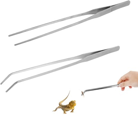 LuckyOpt 2 pinzas para acuario de reptiles, 10,6 pulgadas largas arañas para acuarios y cubos curvos, para la alimentación de serpientes, tortugas, cuervos y cuervos (plata)