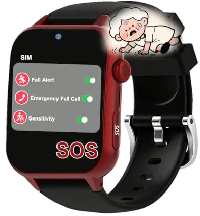 Axrrl ﻿Montre-Bracelet Alarme pour Personnes Âgées Montre pour Seniors Indépendants avec Alerte SOS Appels Vidéo Et Affichage,Rouge,1.9 * 1.6 inch
