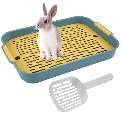 cupeohome Rabbit Litter Tray Large, Rabbit Toilet with Sand Scoop, Rectangular Litter Box with Grid, 2 Tier Flat Toilet Tray, Small Pet Litter Box Potty for Bunny, Guinea Pig, Cat (Blue)