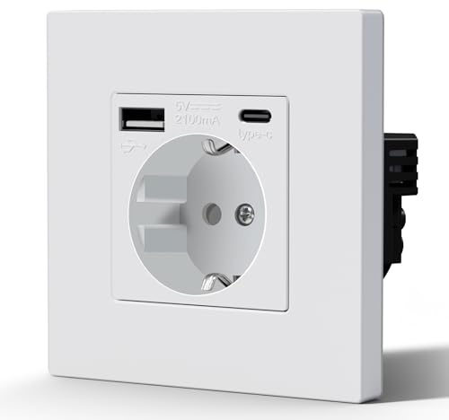 BSEED Enchufe Pared con USB C,Enchufe Estándar de Plástico,Toma de Pared Empotrada,Instalación horizontal y vertical,Protección Infantil,M Serie,1 Enchufe USB C,86mm Blanco