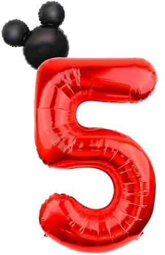 Morofme Balloons 5 Years 40 Inch, Small Mouse Theme Foil Balloon 5, Red Black Helium Balloons Numbers, Inflatable Balloon Numbers for Birthday Decoration 5 Years Boy Girl Anniversary Party Decoration