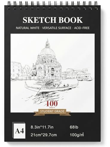 Sketchbook A4 con Copertina Rigida - Album da Disegno a Spirale, 100 Fogli da 100g/m², Carta Spessa per Schizzi, Matita, Carboncino, Acquerello, Quaderno da Disegno per Artisti e Principianti