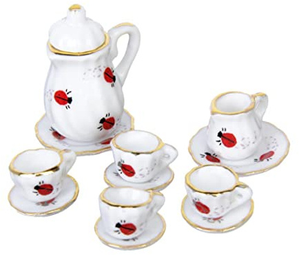 Wxyestna 15 Uds 1/12 casa de muñecas vajilla en Miniatura Juego de té de Porcelana Plato Taza Plato Estampado de Mariquita