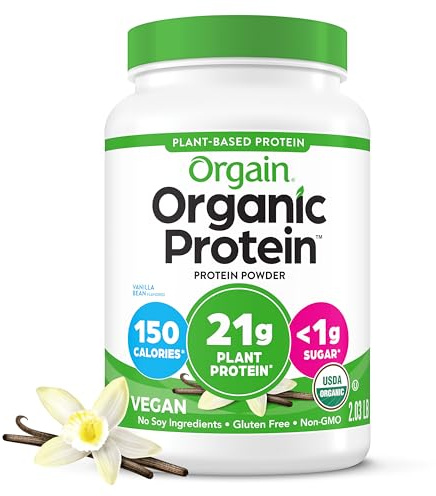Orgain Organic Vegan Protein Powder, Vanilla Bean - 21g Plant Protein, 6g Prebiotic Fiber, No Lactose Ingredients, No Added Sugar, Non-GMO, For Shakes & Smoothies, 2.03 lb (Packaging May Vary)