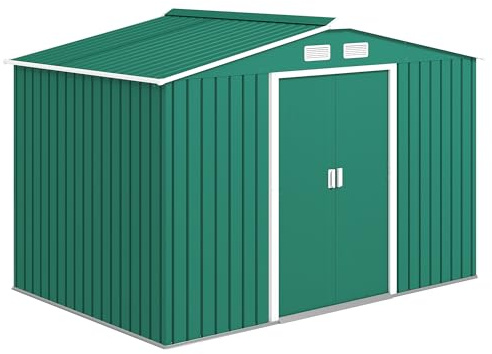 Outsunny Caseta de Jardín Exterior 4,9 m², 277x195x192 cm, Cobertizo de Jardín Exterior Metálico con Puerta Corredera, Ventilación y Kit de Fundación, para Almacenamiento de Herramientas, Verde Oscuro