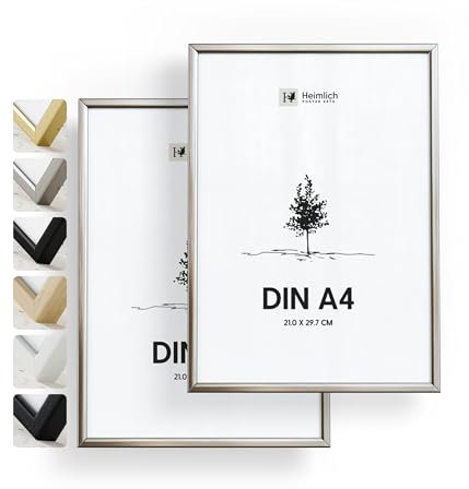 Heimlich® - Bilderrahmen - A4 21x30 cm, Aluminium, Metall, Silber, 2er-Pack - Urkunden-, Diplom- und Urkundenrahmen mit Folienabdeckung - Wandmontage oder Tischaufsteller