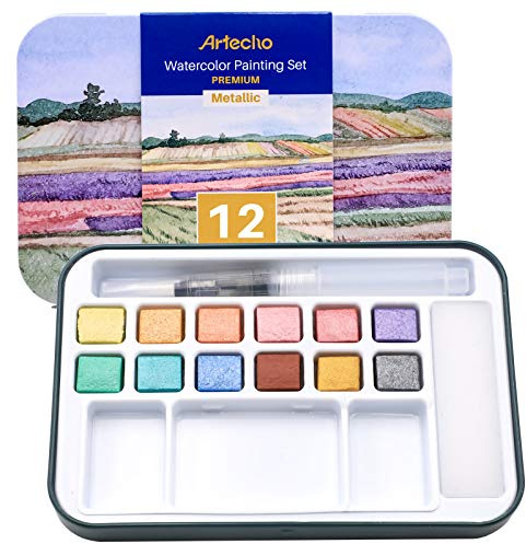 Artecho Aquarellfarben Set, 12 Metallic Farben Wasserfarben, Aquarell mit Wassertankpinsel, Tragbar Aquarell Malkasten, perfekt für Anfänger und Profis, das ideale Geschenk
