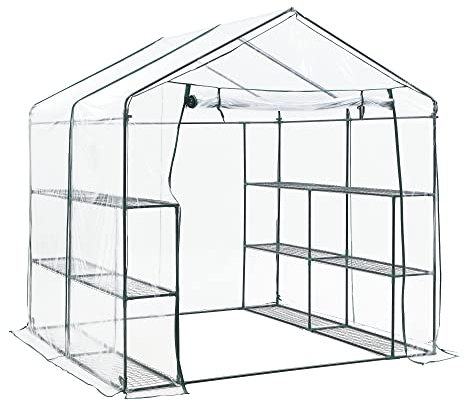 Serra da Giardino con 6 Ripiani (LxPxA) 200 x 200 x 220 cm Copertura in PVC e Telaio in Acciaio - Apertura Porta con Zip - Forma di Casetta