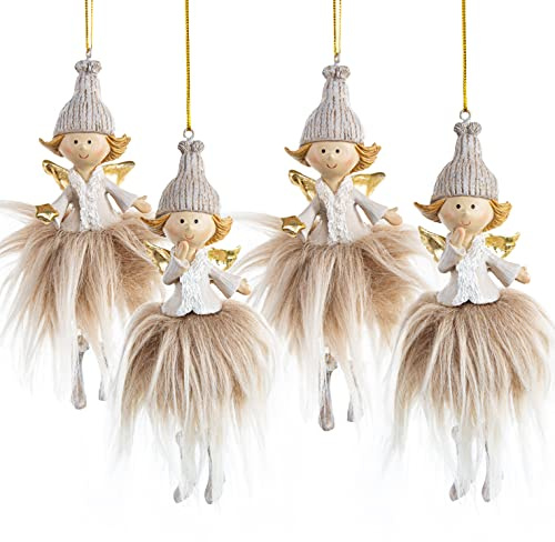 4 Weihnachtsengel beige Gold, 13 cm, Fee Elfe Engel Anhänger Weihnachtsbaumschmuck,Weihnachten Christbaumanhänger