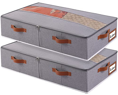 Yawinhe 2 Stück Unterbettkommode, Unterbett Aufbewahrungsbox Vliesstoff, Faltbare Aufbewahrungstasche, mit Klarem Deckel und Haltegriffen, für Schlafzimmer, 60x30x15cm, Grau