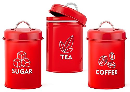 Homikit Tea Coffee Sugar Canisters Set of 3, Metal Food Storage Jars with Airtight Lids, Decorative Kitchen Storage Tins for Farmhouse/Countertop Décor, Sturdy & Easy To Clean, Retro Design - Red