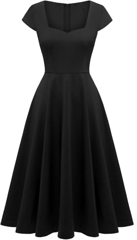 Berylove Robe de cocktail pour femme - Élégante - Rockabilly - Col en cœur - Robe midi vintage - Robe de soirée, Noir , S