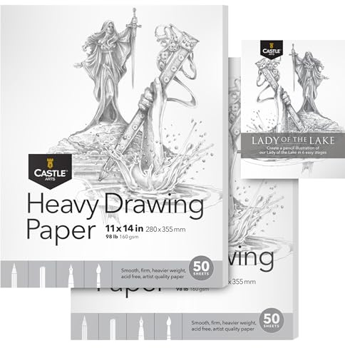 Castle Art Supplies Blocco da disegno pesante, 28 x 35,6 cm, confezione da 2, 50 fogli ciascuno (160 g/m²/44,5 kg), carta extra bianca, liscia, senza acidi, il blocco ideale per tutti gli artisti (28