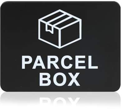 Cartello per Scatola Pacchi PARCEL BOX Segnaletica Acrilico Autoadesivo 11 x 9 cm Lasciare i Pacchi Qui Parcels Deliveries Cartelli per Uso Esterno Casa Ufficio, Nero
