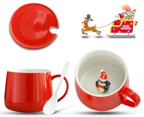 LIHIQIYA Julkopp med julpingvin, 3D-kupa, jul med lock och sked, söt keramisk jul barnkopp kaffekopp jul födelsedag presenter för kvinnor flickor vänner