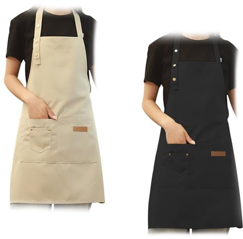 lafo Pack of 2 Kitchen Aprons for Men and Women,Waterproof Cooking Aprons with Pockets, Adjustable Neck Strap Chefs Apron,canvas apron for Kitchen, Cooking, Baking, Garden, BBQ (Schwarz, Khaki)
