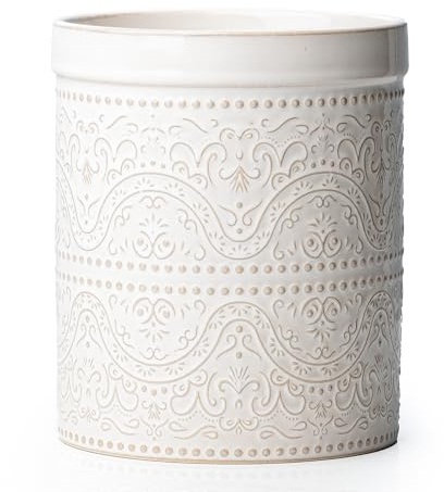 MIKIGEY Kitchen Utensil Holder, 7 Inches Large Ceramic Utensil Holder for Countertop, Lace Emboss Cooking Utensil Crocks for Kitchen, Home Decor, Off-White