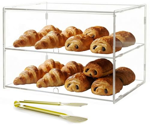 Acryvic 2-Tiers Bakery Display Case for Commercial Countertop, 18.9 x 9.5 x 11.8 Acrylic Pastry Display Case Storage Box for Dessert Donut Bread Cake Cupcake Bagels Cookie