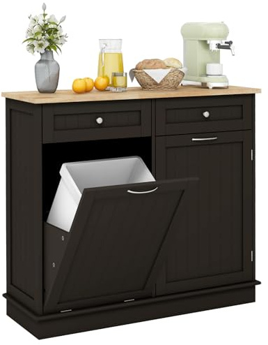 COSTWAY Buffet Cuisine 2 Tiroirs, Placard 42L, Étagère Réglable, Meuble Cuisine avec Plan de Travail en Caoutchouc, Meuble Poubelle Rangement 2 en 1, Armoire, 100 x 35 x 91 cm