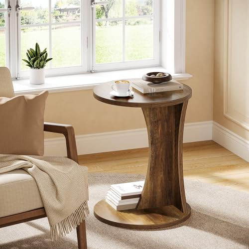 Tribesigns Table d'appoint en Forme de C - Table Basse Ronde à 2 étages pour Salon avec Espace de Rangement - Table de Chevet de Style Maison de Campagne - Table de Salon pour Chambre à Coucher (1)