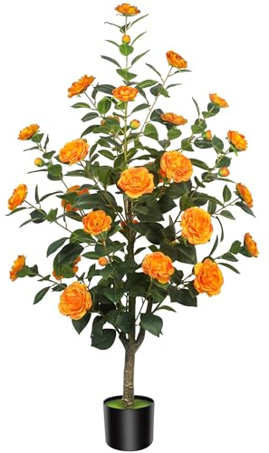 HanJoy 1Pack 47.24/3.94FT Artificial Camellia Trees with 36 Orange Flowers in Cement Pots – Lifelike Fake Trees for Front Porch, Home, Indoor Outdoor Spring Decor, Office or Housewarming Gifts