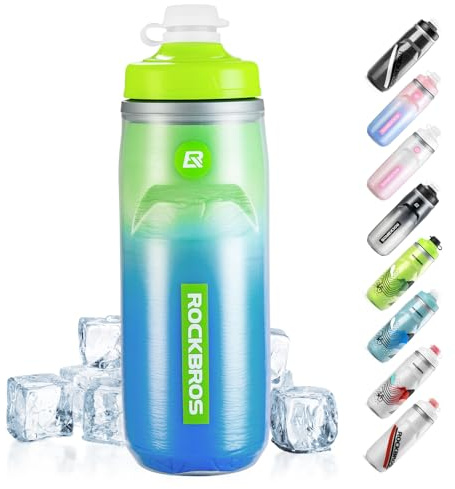 ROCKBROS Borraccia Termica Fredda per Bicicletta 620 ml, Borracce Bici con Copertura Antipolvere Senza BPA Inodore e Prova di Perdite, Rimovibile e Lavabile, Bottiglia Acqua Sportiva, Verde e Blu