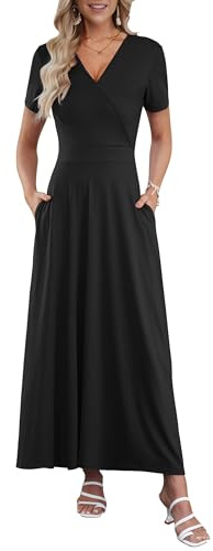 AUSELILY Vestito Lungo Donna Scollo a V Maxi Vestito Donna Elegante Estivo Manica Corta Abito Casual Vita Alta Abiti Vestiti con Tasche Nero L