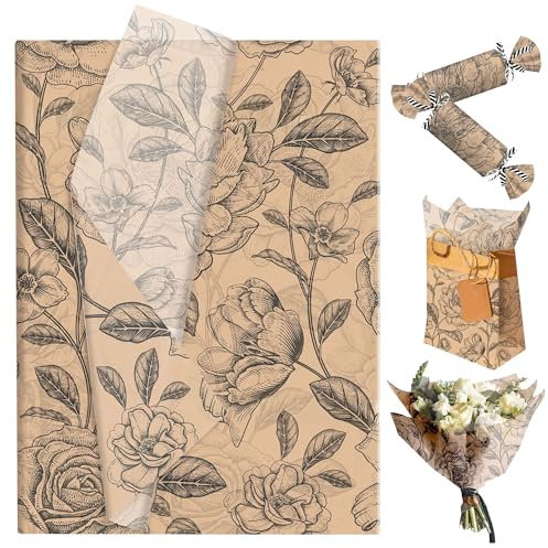 JeVenis Vintage Kraft Tissue Paper for Gift Wrapping Retro Flowers Tissue Paper Gift Bags for Bridal Shower Birthday Party Wedding DIY Craft Supplies 50 Sheet, 20 × 14 Inches