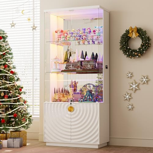 OUTDOOR DOIT 71'' Display Cabinet with Glass Doors,4-Tier Curio Cabinet with 3-Color Lights for Collectibles,Lockable Glass Display Case with Human Body Sensor,Tall Bookcase w/Shelves&Drawers,White