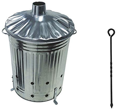 90L 90 Litre Galvanised Incinerator Fire Bin Ideal for Burning Documents / Leaves / Rubbish + FREE ASH POKER
