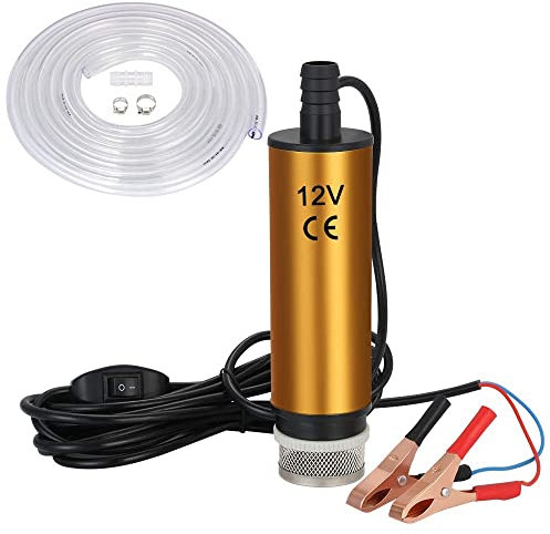flintronic DC 12V 51mm Dieselpumpe Wasserpumpe mit 5M PVC Schlauch Transparenter, Öl Diesel Wasser Tauchpumpe Transfer für Auto, KFZ, Boot - Golden