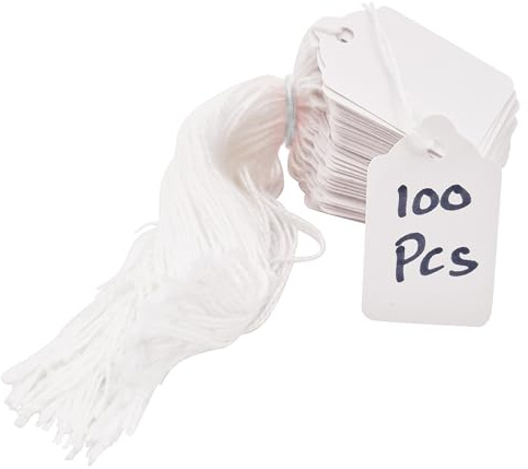 Swift Strung Tags White Card Clothing Parcel Label String Hanging Gift Swing Tickets Kraft Hang Price Labelling 45mm x 28mm (Pack of 100)