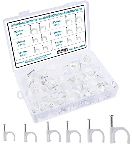 Kinsinder 110 Stück Kabelschellen Nagelschellen, 14mm 16mm 18mm 20mm 22mm 25mm Weiß Kabel Nagel Befestigung Nagel für Netzwerkkabel mit tragbarer Box