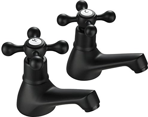 Wasserrhythm Basin Pillar Taps Pair Black Victorian Twin Bathroom Sink Tap Traditional Cloakroom Mono Cross Lever Two Holes Hot and Cold Water Faucets