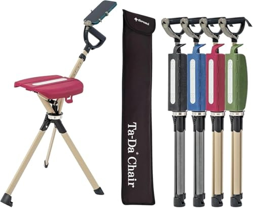 Ta-Da Chair Series 2 Pro - Bastón de Senderismo con Asiento, Taburete Exterior Plegable (Máx. 136kg), Chasis de Aluminio, Ideal para Trekking - Rojo, Ajustable