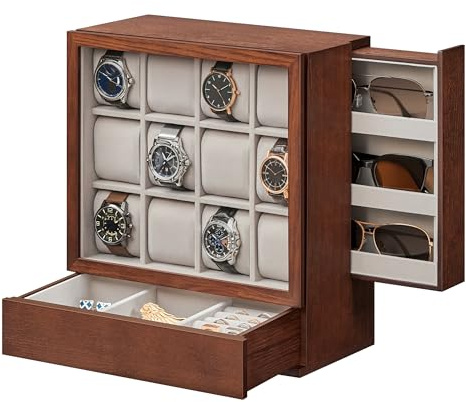 SONGMICS 12-Slot Watch Box, Watch Display Case with Window, Solid Wood Veneer, Velvet Lining, Vertical Storage, Space Saving, Gift Idea, Coffee Brown UJOW014K01