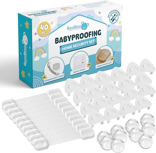 BooBoo Baby 40 Pack Premium Child Safety Baby Proofing Kit | For Your Home and Kitchen with 10 Door Strap Locks - 10 Corner Guards - 20 Plug Protectors - Easy to Install, No Tools Needed