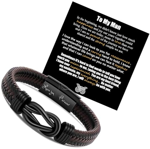 SHIEAGLELD Pulsera de cuero trenzado para hombre, hecha a mano, con cierre magnético de acero inoxidable y caja de joyería exclusiva, letras Love You Forever, regalo de cumpleaños para el día de San