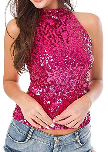 Damen Neckholder Pailletten Tanktop Shirt Hinten Offen Glitzer Tops Sexy Ärmellos Pailletten Oberteil Festlich Bluse Shirt Slim Fit Sparkle Glitzershirt Top für Party Rosa, Einheitsgröße