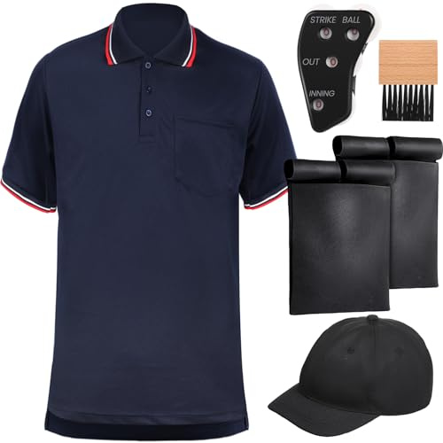 ShinyMatch 6 Pcs Baseball/Softball Umpire Accessories Set Including Umpire Shirt Hat Indicator Brush Ball Bag for Men Referee (Navy Blue,X-Large)