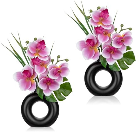 Oairse 2PCS Small Pink Orchid Artificial Flowers in Black Ceramic Pot Silk Orchid Floral Arrangement Fake Orchid Plant for Home Office Dining Room Shelf Table Centerpiece Decoration