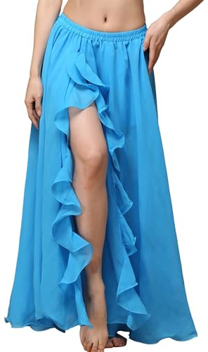 MUNAFIE Jupe longue pour femmes avec fente pour danse du ventre, jupe en mousseline pour danse, costume de danse du ventre, bleu clair, taille unique