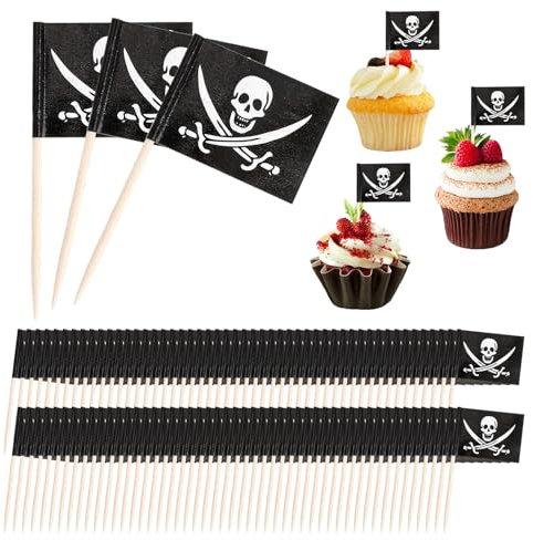 AHQiZFX Paquete de 100 palillos de dientes, palillos de dientes de cóctel pirata, banderas para tartas, palillos de dientes pequeños, mini palillos de dientes, adornos para cupcakes, decoraciones para