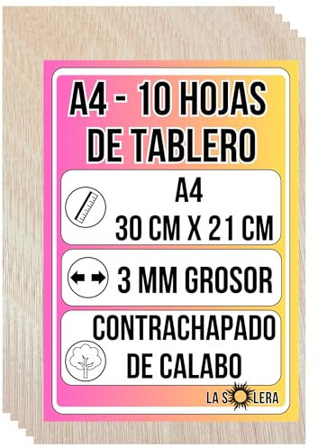 LA SOLERA Pack 10 Tableros Contrachapado de Calabo A4 (30x21 cm) | Hojas de 3 mm de Grosor | Manualidades, Corte Láser, Pirograbado, Maquetas, Decoración DIY | Madera Natural y Corte Preciso
